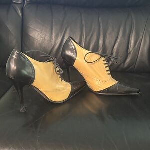 bebe Two-Tone Lace-Up Pointed Heels in Black and Tan